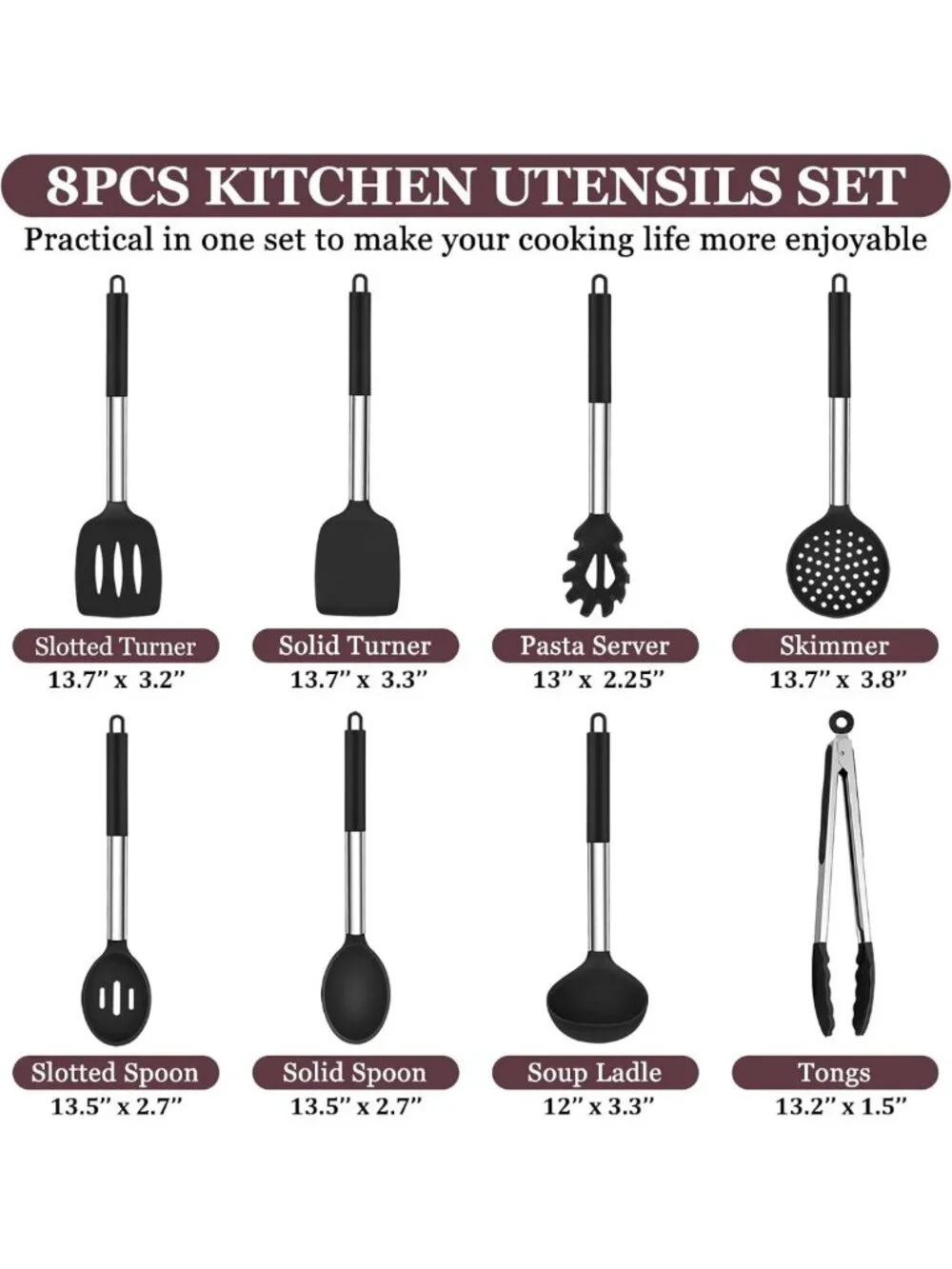 8-Piece Silicone Kitchen Utensils Set, Heatproof Nonstick Tools with Stainless